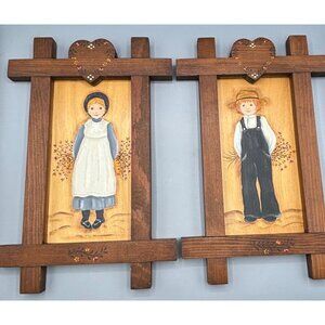 Vtg 2 Pc Handpainted Amish Girl Boy Wooden Frame Folk Art Country